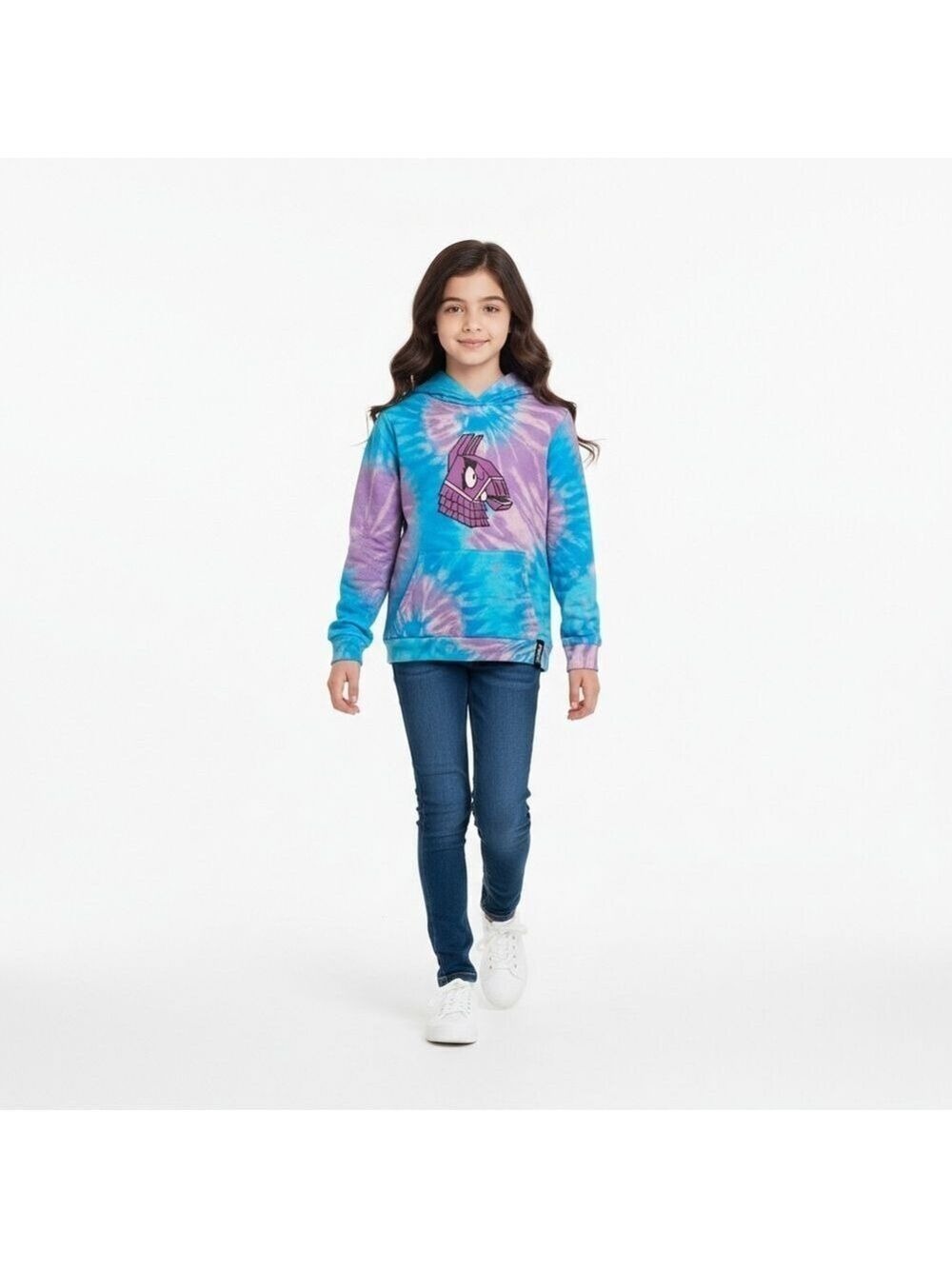 Fortnite Llama Tie Dye Hoodie Girls M (7/8) Purple Blue Pullover Sweatshirt